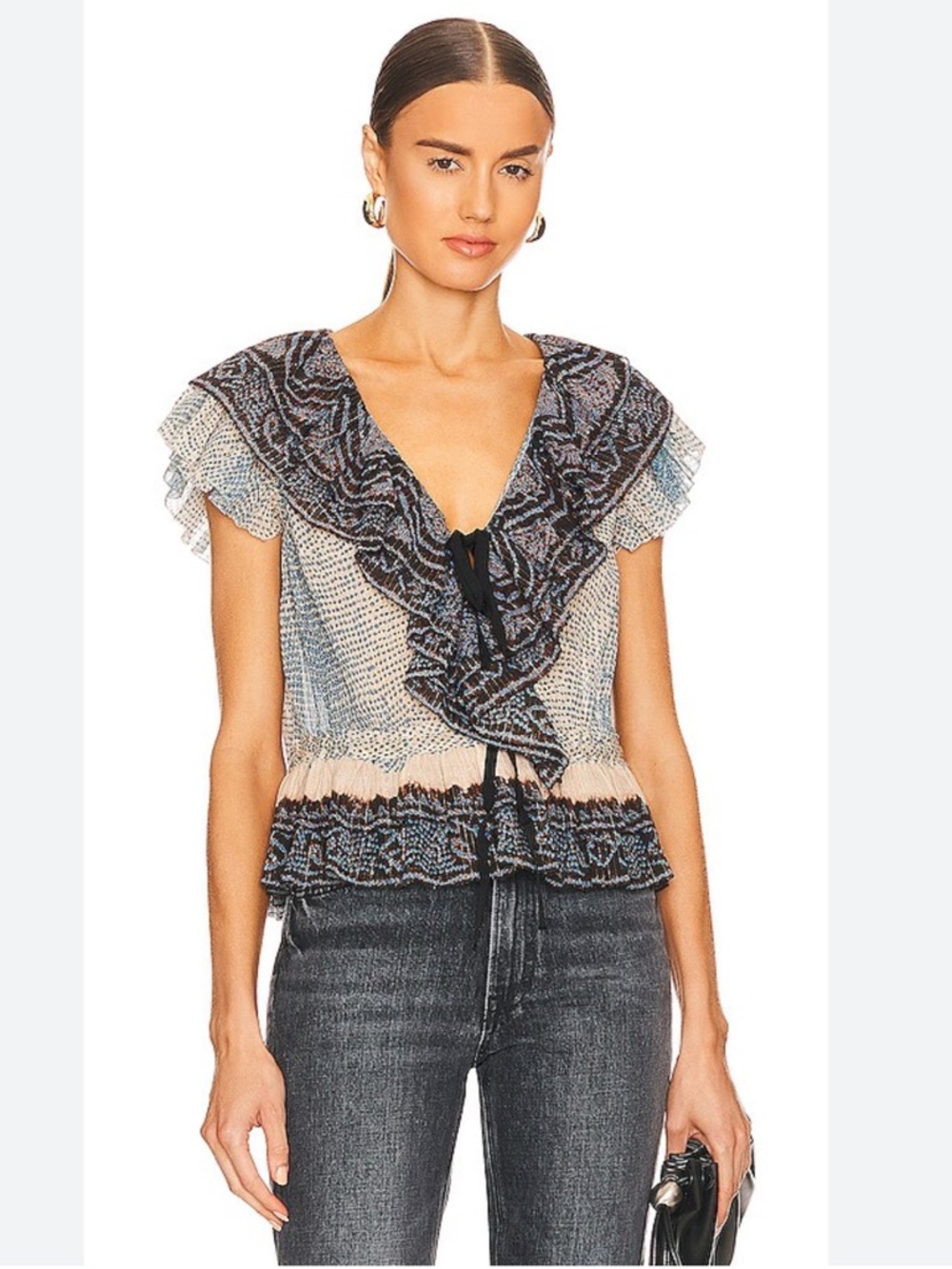 Ulla Johnson Kaede ruffled V-neck blouse in moonstone blue and cream